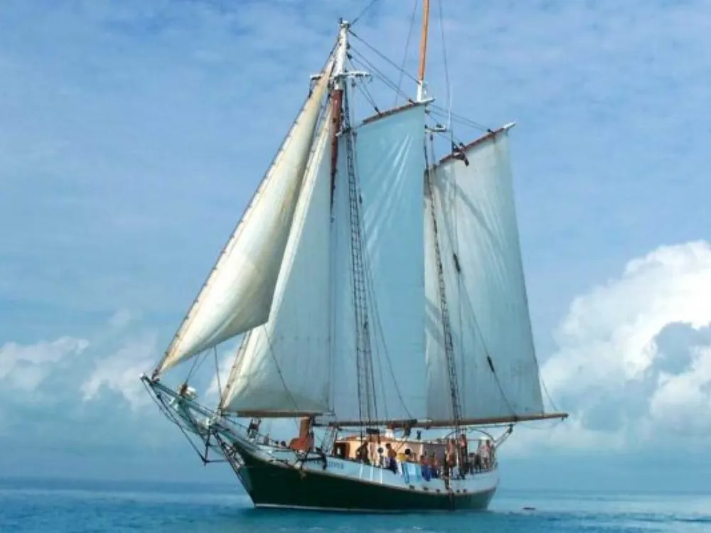 A sailing ship with white sails is navigating through calm waters under a blue sky with scattered clouds.